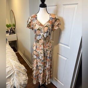 Vintage Floral Button Front Midi Dress Cottagecore Prairie Size 14